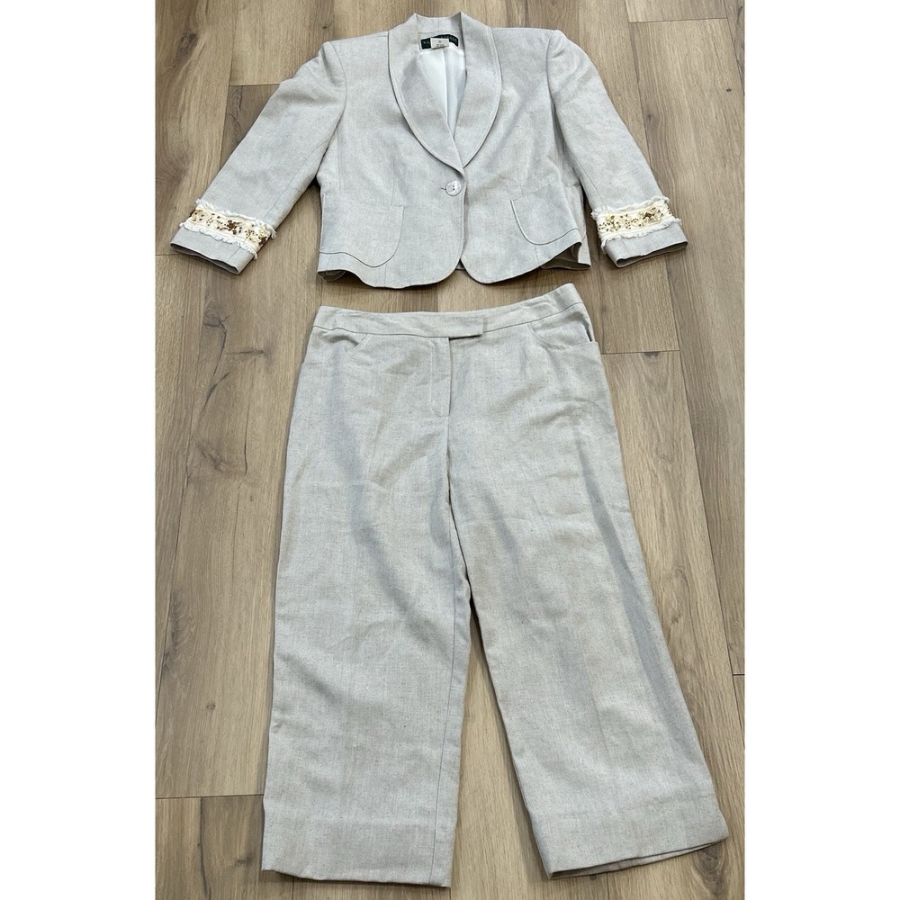 HARVE BENARD Women's Suit Set Blazer Jacket & Capri Pants Size 10 Linen Blend